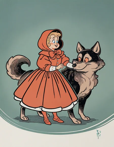by wwdenslow, masterpiece, best quality, absurdres, highres, general, 1girl, little-red-riding-hood, 1other, big-bad-wolf, split-theme, 1960s-\(style\)