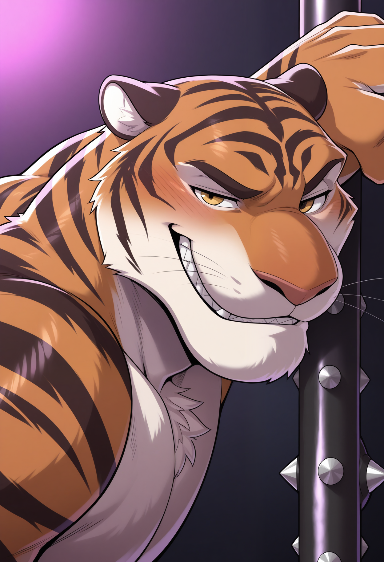 masterpiece,best quality,amazing quality, 1boy, solo, t1g3rd, anthro tiger, close up, side angle, smirk, club,
