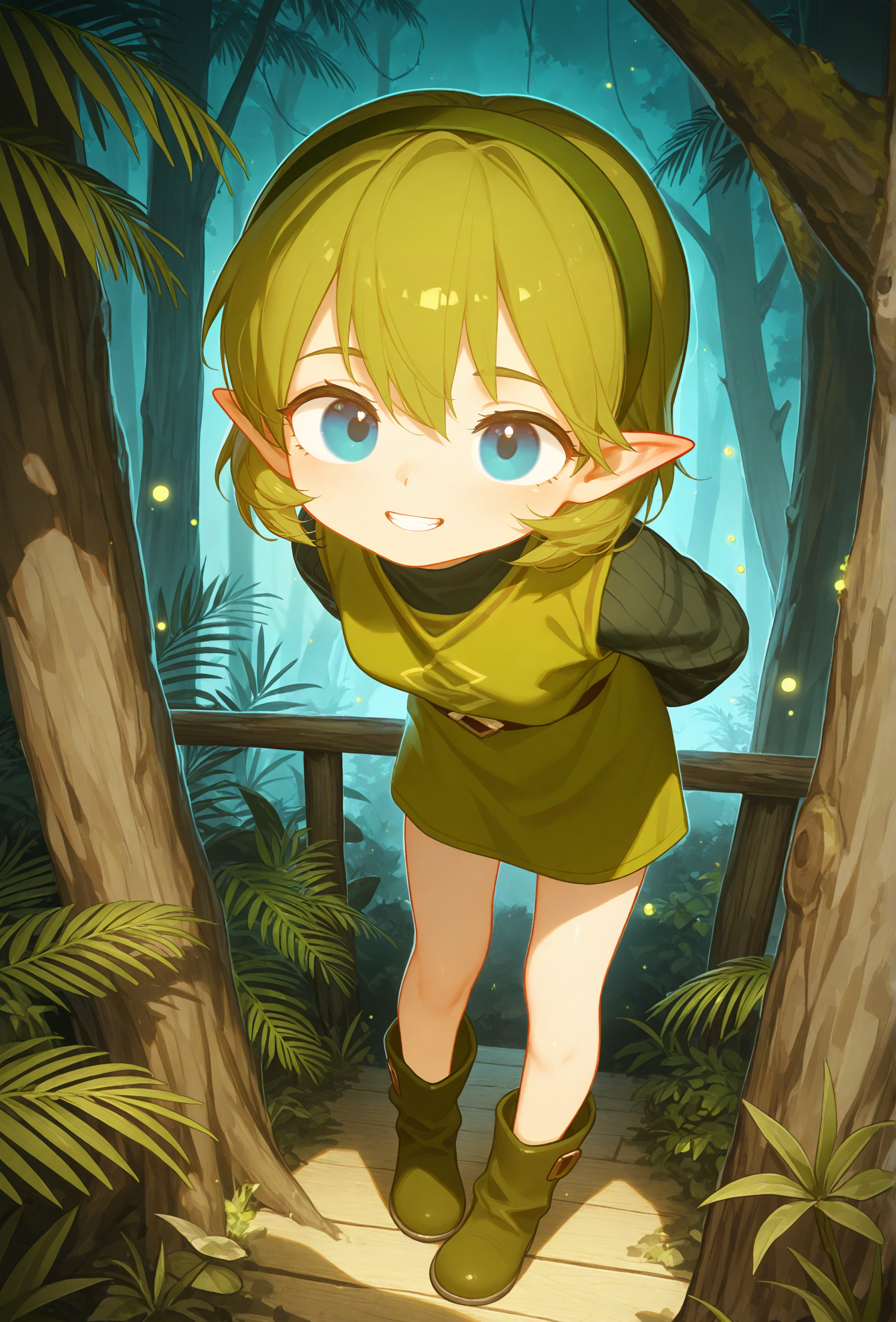 masterpiece,best quality,amazing quality, <lora:antifreez3_style_illustrious_v1f:1> afz3style, 1girl, solo, saria \(zelda\), green hair, green hairband, looking at viewer, smile, teeth, blue eyes BREAK
green sweater, sleeveless sweater, green shirt, long sleeves, green boots, leaning forward, hands behind back, wooden floor, plant, fern, fireflies, treehouse