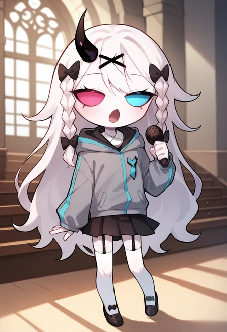 masterpiece, best quality, uncensored, source_anime BREAK score_9, score_8_up, score_7_up, score_6_up, score_5_up, score_4_up, 1girl, solo, rasazyfnf, single horn, heterochromia, blue eye, pink eye, no pupils, long hair, white hair, white skin, twin braids, x hair ornament, hair bow, Expressiveh, chibi, grey jacket, hood, long sleeves, cyan lines, black skirt, white thighhighs, bow, black garter straps, holding, microphone, holding microphone, singing, open mouth, music, full body, indoors, church <lora:Expressive_H:0.6> <lora:add-detail-xl:0.5> <lora:Rasazy_MFM_Fnf:0.8>