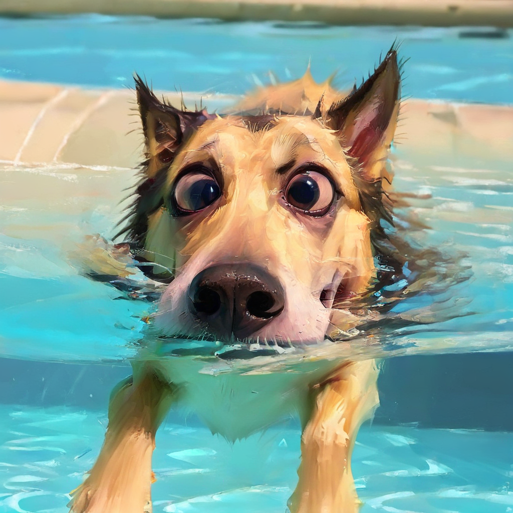 fisheye view of a smiling dog swimming in the pool, big teeth, (small eyes:1.4), caricature, albeniz rodriguez style <lora:albeniz-rodriguez-style:0.8>