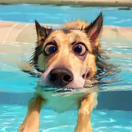 fisheye view of a smiling dog swimming in the pool, big teeth, (small eyes:1.4), caricature, albeniz rodriguez style <lora:albeniz-rodriguez-style:0.8>