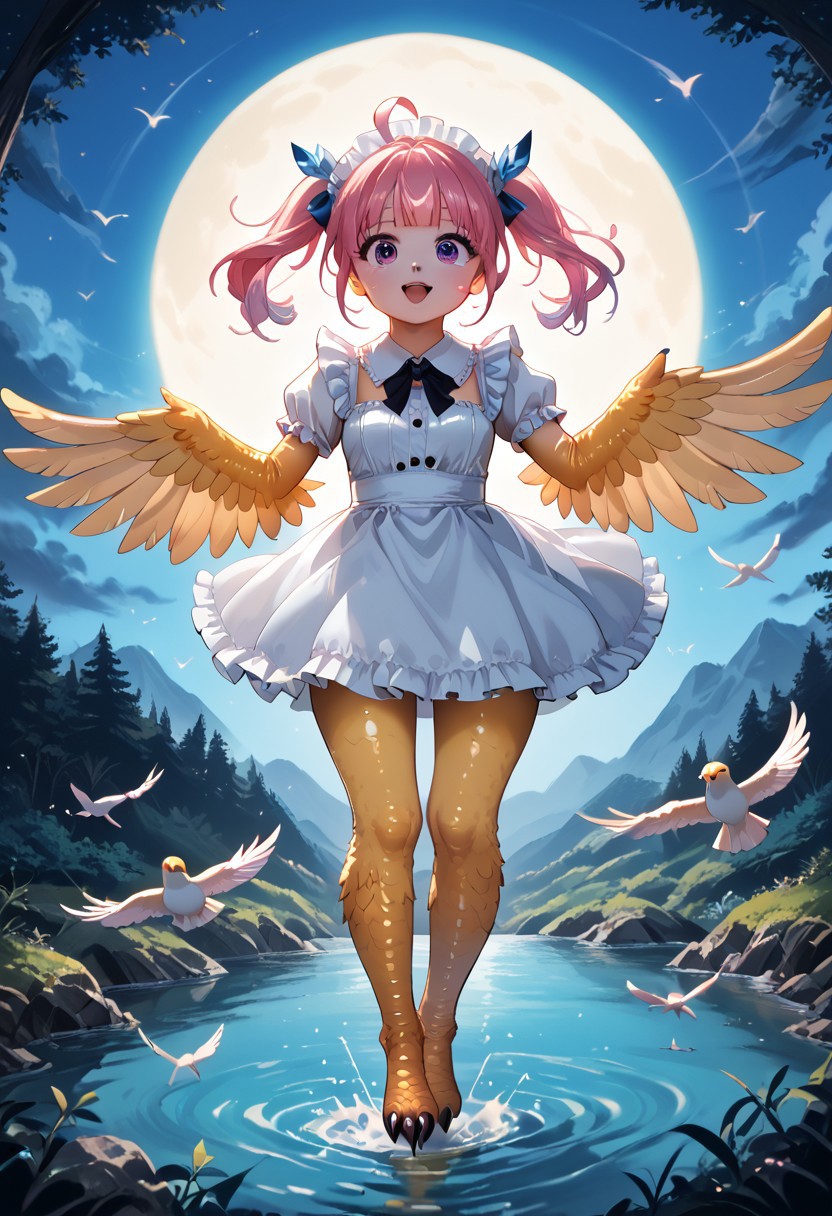 8K, best quality, best resolution,score_9,score_8_up,score_5_up,score_7_up,score_6_up,best quality,source_anime,winged arms, harpy,white dress,big eyes,detailed eyes,detail1eye,EyesHD,detailed face,BREAK,outside,mountain background, flying in mid-air,pastel lighting effect,light beam,full body,moon,night,