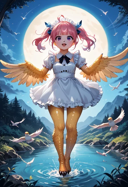 8K, best quality, best resolution,score_9,score_8_up,score_5_up,score_7_up,score_6_up,best quality,source_anime,winged arms, harpy,white dress,big eyes,detailed eyes,detail1eye,EyesHD,detailed face,BREAK,outside,mountain background, flying in mid-air,pastel lighting effect,light beam,full body,moon,night,