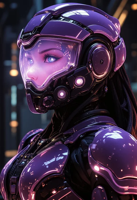 OBsgdys, A digital painting in the style of ck-js, highest definition, HD32K, wallpaper, hyperdetailed, concept art, photorealistic closeup portrait of a female space marine in purple and black armour, helmet with a clear visor reflecting light, hyperdetailed helmet, silhouetted, chiascuro, dark abstract background suggesting interior of spaceship