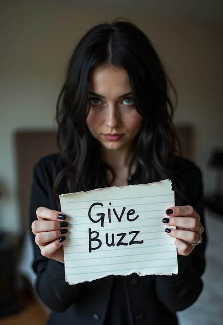 low quality snapchat selfie photo of a sexy gothic girl in her bedroom holding a lined notebook paper which is torn and "Give Buzz" text is written with a pen on it. The photo was shot on a phone and posted in 2015 on Snapchat.
