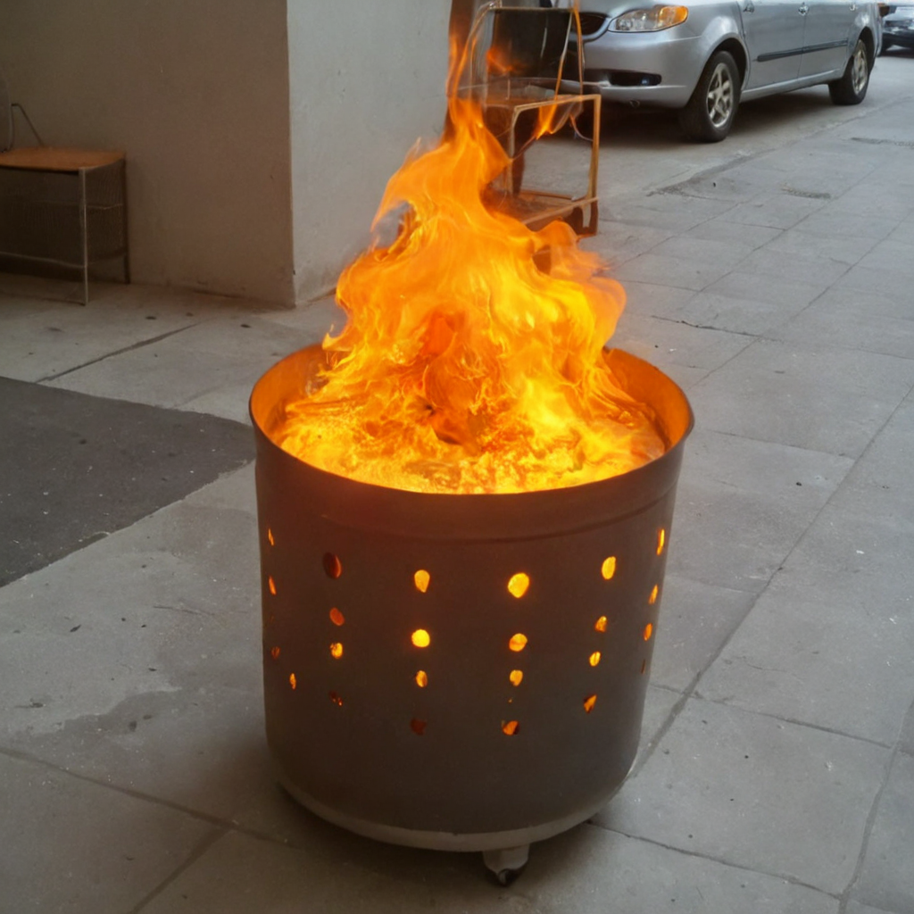 The image features an indoor setting where a fire is burning vividly within a metallic mesh fire pit,multiple holes, placed on a concrete floor.  , lively flames <lora:money_bucket:0.8>, <lora:fire_elemental-sdxl-prod-e:0.8> flame spirit