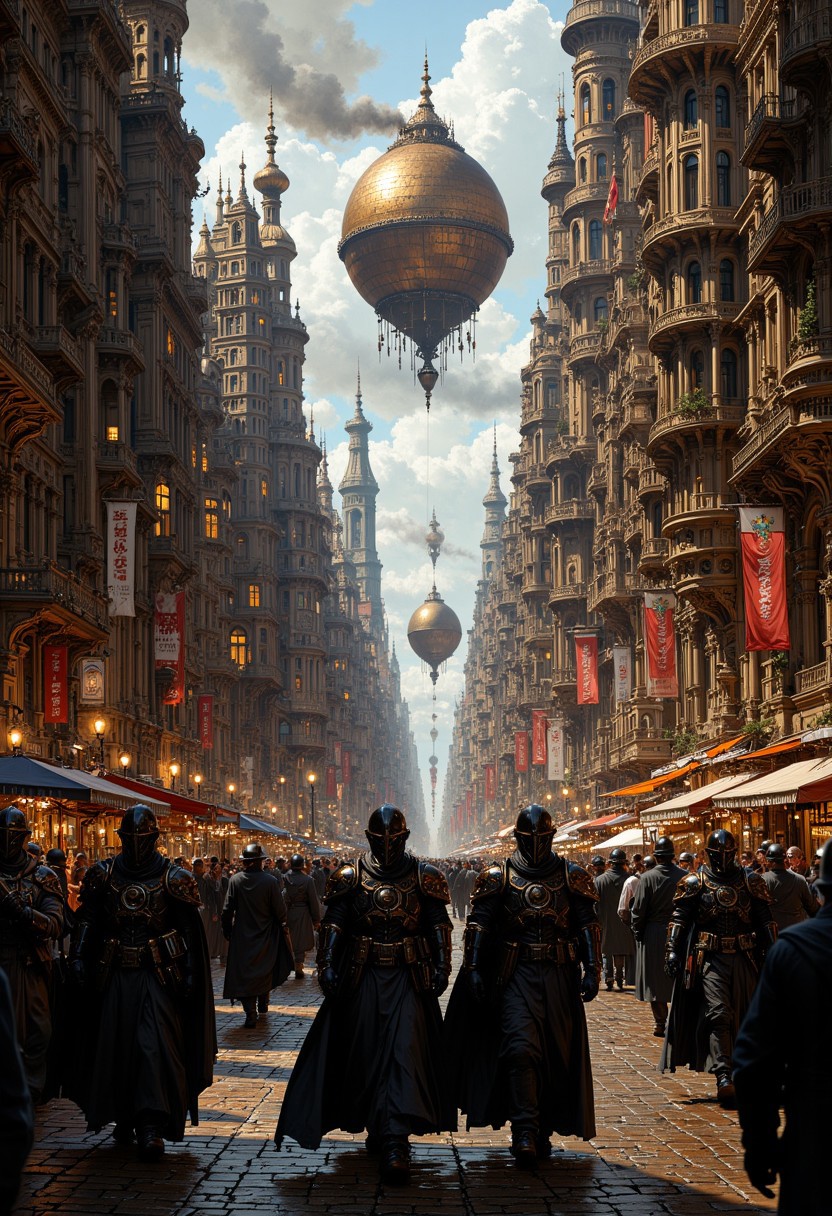 a steampunk style, depicting a bustling city street with a Victorian-era aesthetic. The layout is vertical, showcasing a cobblestone street lined with ornate, multi-story buildings featuring intricate architectural details and warm, glowing lights. The sky is filled with large, dirigible airships emitting trails of smoke, adding to the industrial atmosphere. In the foreground, a group of uniformed figures, wearing dark, armored suits and helmets with visors, march in formation. Their attire is adorned with metallic embellishments, contributing to the steampunk theme. The scene is lively, with numerous pedestrians and market stalls visible along the street, creating a sense of movement and activity. The overall color palette is dominated by earthy tones, with highlights of brass and copper, enhancing the vintage, mechanical feel of the artwork.