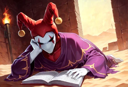 score_9,score_8,score_7,source_furry, (masterpiece, best quality, high quality:1.2), detailed hands,character focus, detailed skins, body blush, cinematic shadow, character focus, ultra detailed background,
dutch angle,
<solo:1.5>, <1boy:1.5>, (anime:3.5), (official:3.5), lying, reading manga, head rest,
chariotsaga, 1boy, solo, male focus,
jester, red headwear, looking at viewer, white skin, jester cap, pom pom (clothes), (faceless mask:1.2), facepaint, hat, robe, purple robe, torn robes, long sleeves, wide sleeves, barefoot, light gray color nails,
ancient ruin background, indoor, dark orange stone wide rooms, torch wall, darkness, sand, desert,