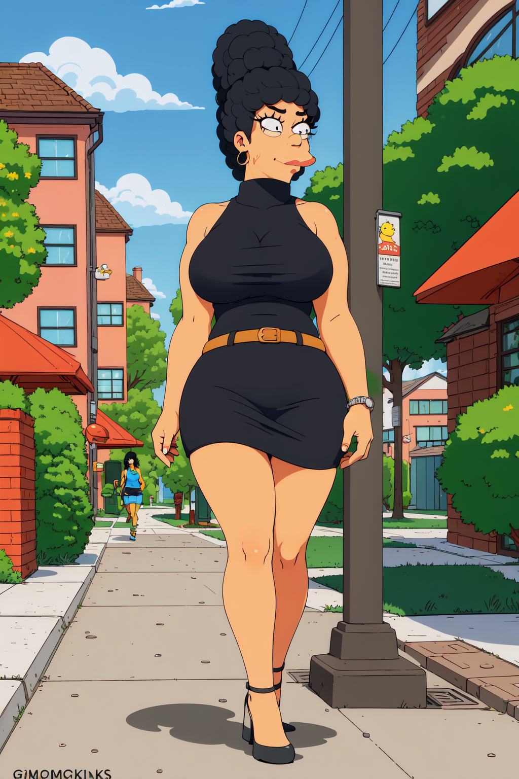 a woman with sexy body and outfit, black hair, walking in the sidewalk, EdobSimpsons  <lora:EdobSimpsons_v1.1:0.8>