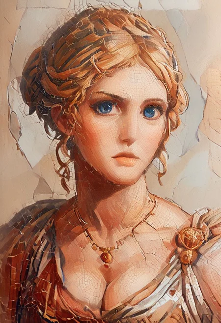 Roman mosaic of,  score_9, score_8_up, score_7_up, rating_questionnable, 18yo beauty czech girl,  solo, dynamic pose, blonde hair, (half updo), blue eyes, lips, collarbone, big tits, cleavage, necklace, jewelry, patterned dress, looking at viewer, indoor