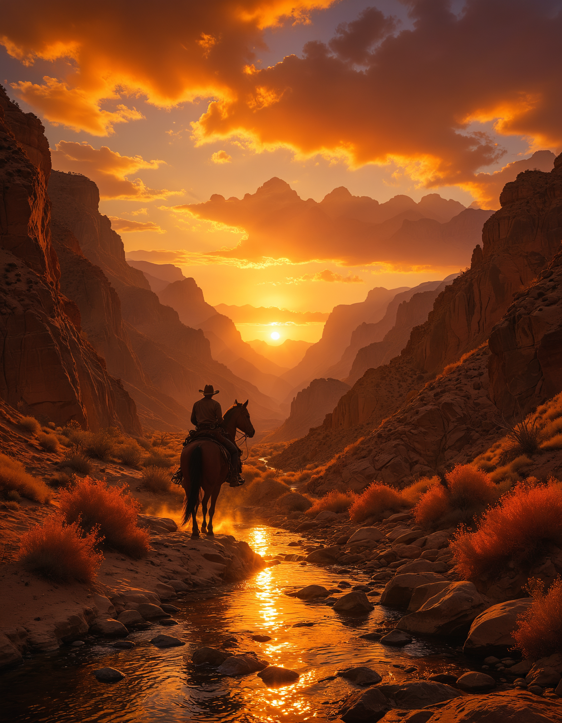 A breathtaking scene of a lone cowboy riding a horse through a narrow canyon at sunset, dramatic lighting, the sun sets behind distant mountains, casting a warm fiery glow across the sky and reflecting off the stream that flows through the canyon, The cowboy silhouetted against the vibrant orange and pink hues, The rugged landscape is dotted with sparse vegetation and rocky terrain, adventure and solitude, western scene, <lora:MJ52:0.5>, <lora:add-detail-xl:1>, <lora:zavy-cntrst-sdxl:0.7>, <lora:- SDXL - vanta-black_contrast_V3.0:0.7>