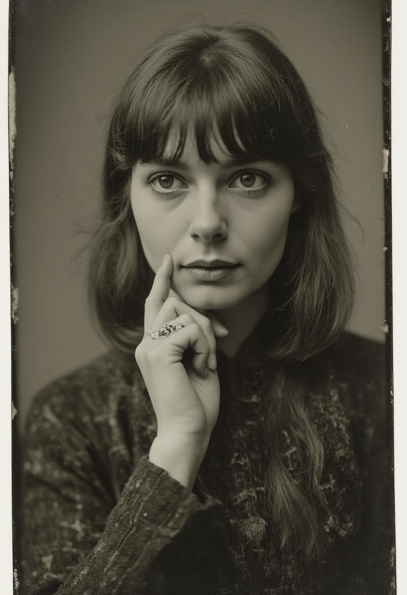 1girl solo A sepia yfg-v1nt (vintage:2.3) (close-up portrait of a woman spying on someone.:2.45)