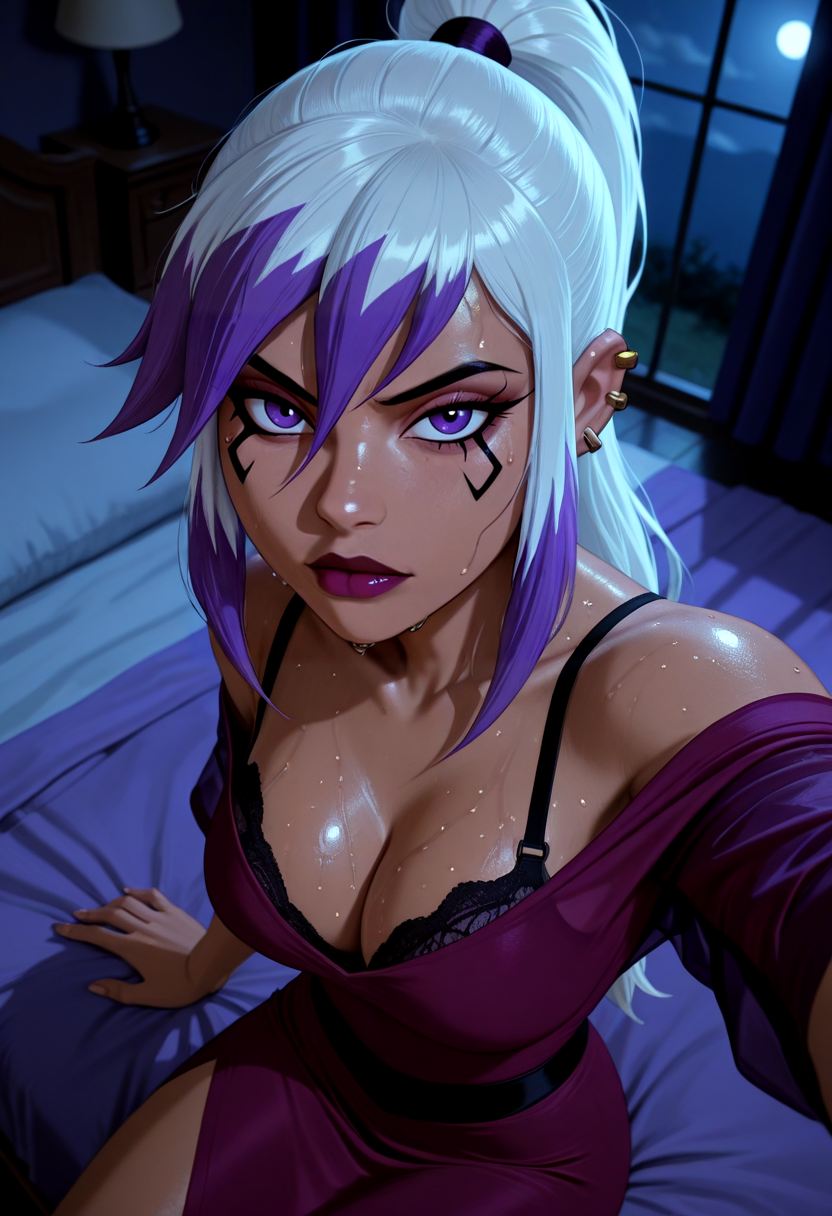 charmcasterOV, 1girl, solo, purple eyes, long hair, ear piercing, purple hair, ponytail, white hair, facial tattoo, dark-skinned female, two-tone hair, hair between eyes, sidelocks, purple dress, makeup, large breasts, cleavage, bra peak, taking selfie, from above, tight see through shirt, off shoulder, Sweaty skin, Toned body, Highlights in hair, Detailed lustful eyes, bedroom, sitting, mouth slightly open, close up, at night, night, moonlight, shadows, dark, looking at viewer,cinematic, detailed, masterpiece,best quality,amazing quality,
