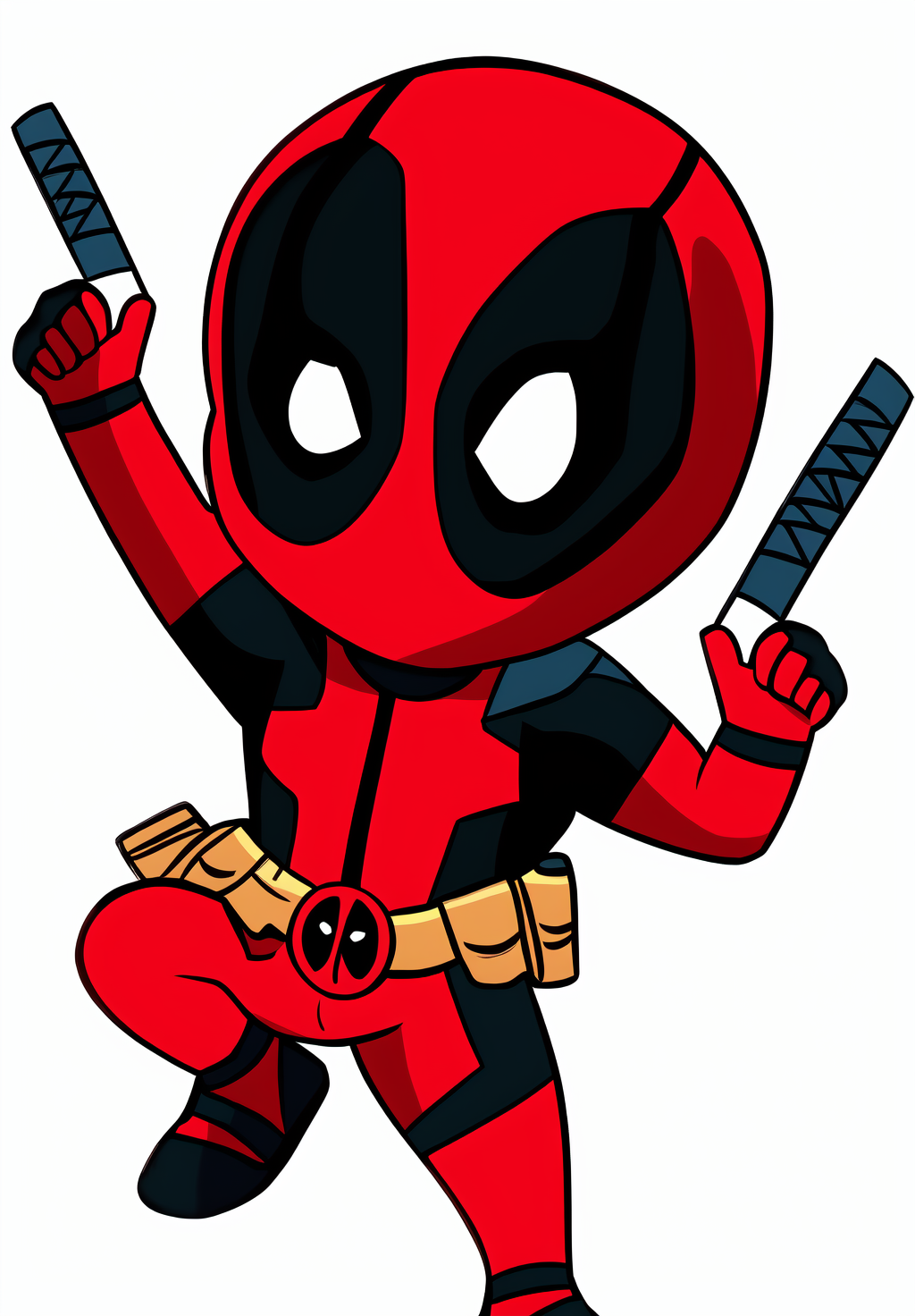 <lora:deadpool_chibi:0.8>, deadpool_chibi, 1boy, solo, dynamic pose, happy, simple background, white background,