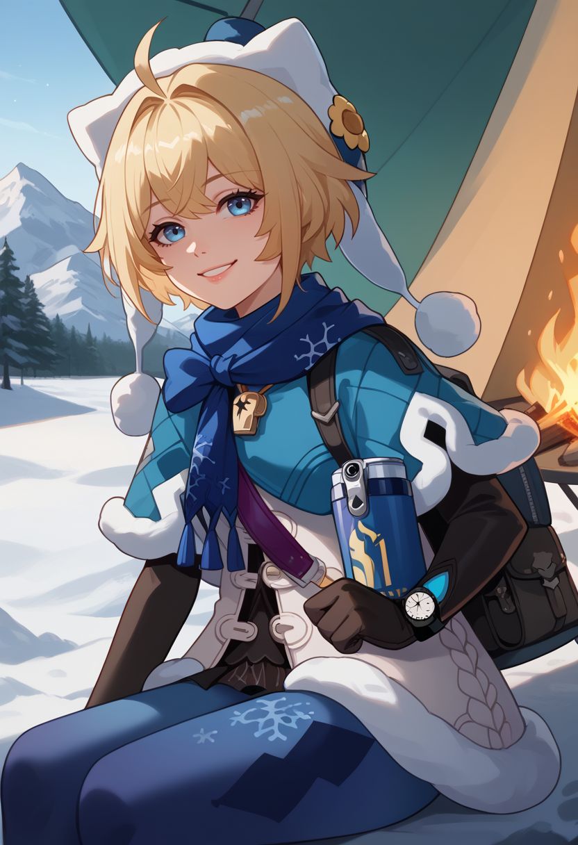 score_9, score_8_up, score_7_up, source_anime, 1girl, lynxlandaudef, 1girl, blue eyes, blonde hair, short hair, ahoge, hat, blue scarf, fur trim, fur-trimmed capelet, blue capelet, white jacket, winter clothes, blue pantyhose, snowflake print, black elbow gloves, watch, fur-trimmed boots, bag, can, sitting, on chair, campfire, tent, smile, looking at viewer, outdoors, snow, mountain, close-up, facing viewer, hand on hip, from side, <lora:LynxLandau_v1-000010:1>