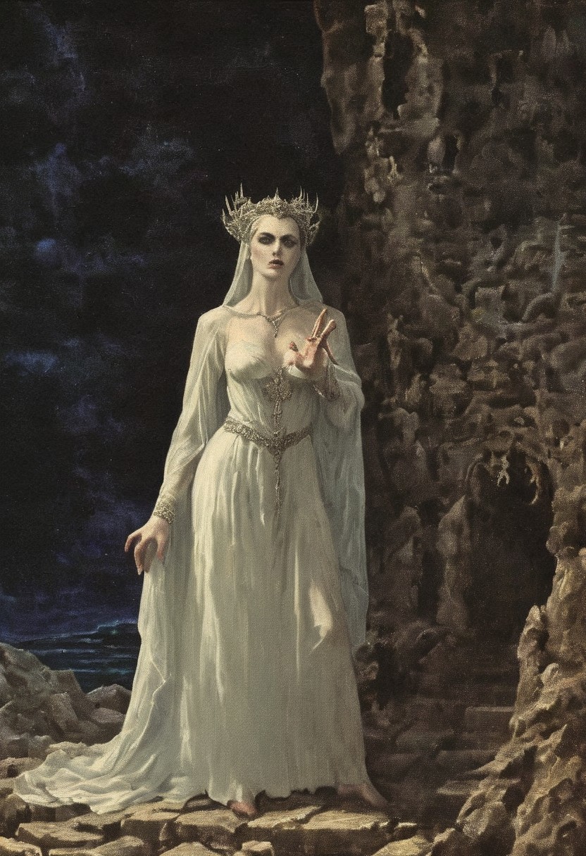 OverallDetail, dark fantasy style, also try: cinematic, realistic, photo (for better results), <lora:brides of dracula style:1> vampire woman in a white dress and a veil posing, claws, long nails, beard, detailed, perfect, perfection, hands, detailed, beautiful, perfect, excellent, pale skin,  standing alone, medieval castle chamber background, night, nudity, breast