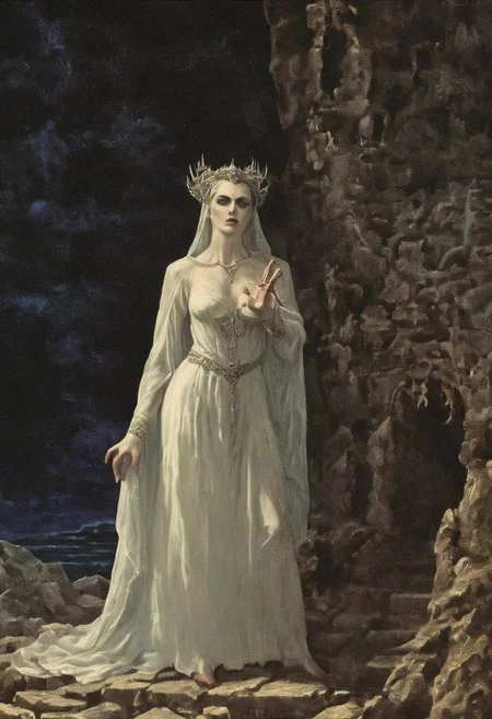 OverallDetail, dark fantasy style, also try: cinematic, realistic, photo (for better results), <lora:brides of dracula style:1> vampire woman in a white dress and a veil posing, claws, long nails, beard, detailed, perfect, perfection, hands, detailed, beautiful, perfect, excellent, pale skin, standing alone, medieval castle chamber background, night, nudity, breast