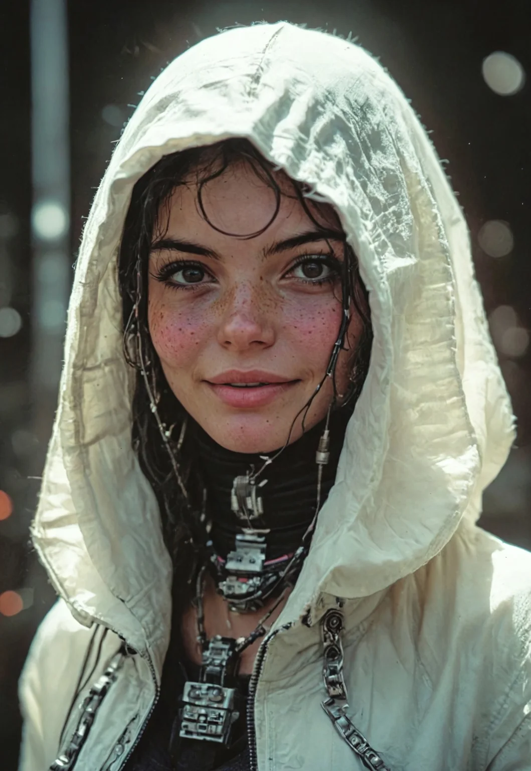 dim light, low light, dramatic light, partially covered in shadow, photo in phst artstyle, mechanical parts, wires, cables, cyberpunk, closeup portrait of shy smiling spaceage bedouin freckled gambler with a half robot face, vibrant pink/white colored, closeup photo of an wired-cyborg assassin with half robot face wearing a black high collar hooded parka, solo, woman, high collar parka, upper body,, female focus, crepuscular rays, volumetric lighting, ultra detailed, deep Blacks, very detailed, atmospheric haze, Film grain, cinematic film still, shallow depth of field, highly detailed, high budget, cinemascope, moody, epic, OverallDetail, 2000s vintage RAW photo, photorealistic, candid camera, color graded cinematic, eye catchlights, atmospheric lighting, imperfections, natural, shallow dof