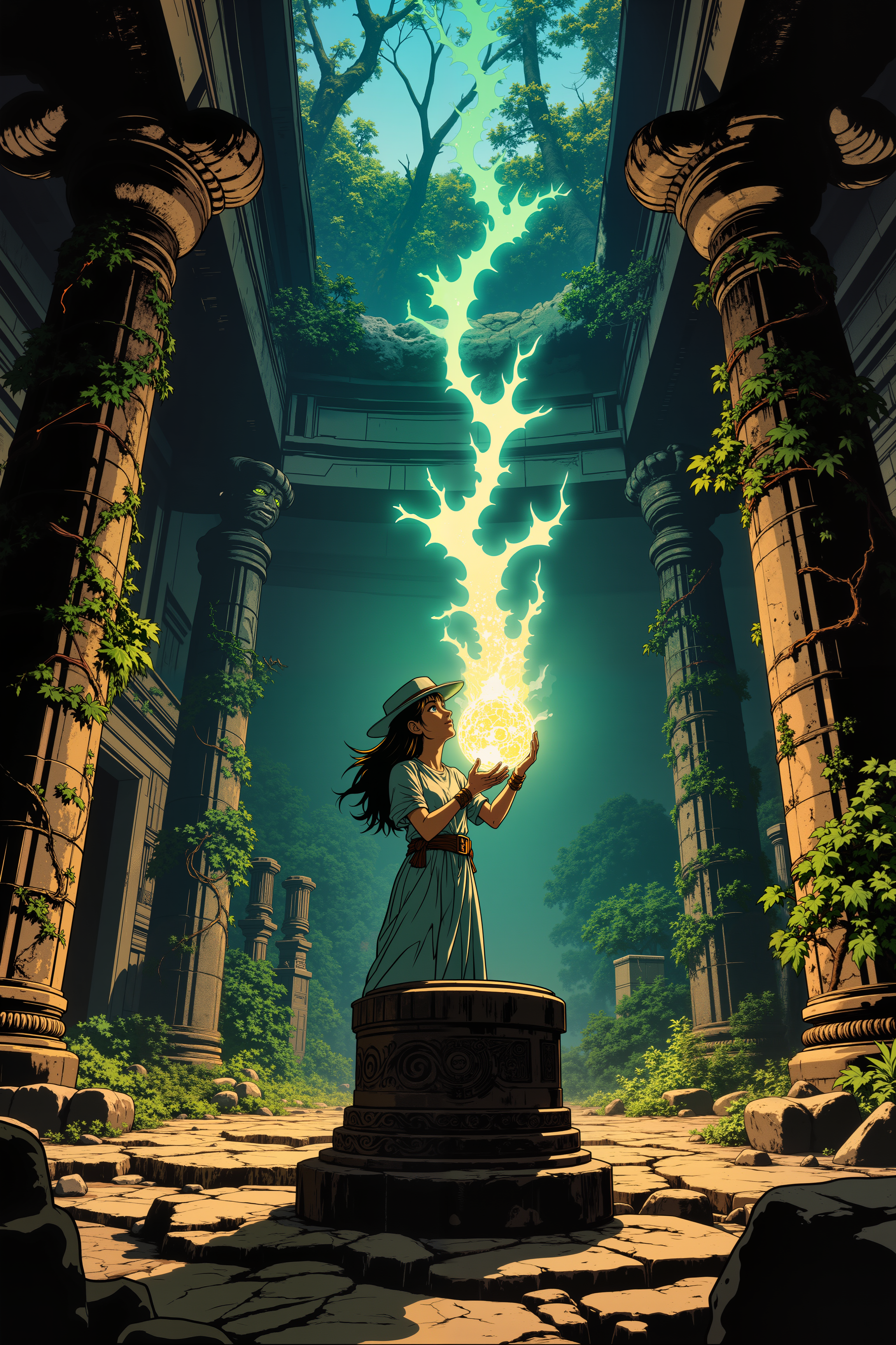 In the center of a crumbling, overgrown temple, a rogue archaeologist carefully extracts a glowing, crystalline artifact from its ancient pedestal. The surrounding statues, long eroded by time and nature, seem to watch her every move, their eyes glowing faintly with the same eerie light as the artifact. As she lifts the relic into the air, the walls of the temple begin to shift, ancient mechanisms groaning to life. Vines entwine with the crumbling stone, pulling it apart as the temple starts to collapse. Her breath quickens, but thereâs a glint of excitement in her eyesâthis is what she lives for. The scene is an adrenaline-fueled moment of discovery, blending the heart-pounding adventure of Indiana Jones with the mystical beauty of ancient ruins.<lora:RetroAnimeFluxV1:0.5><lora:NeonFantasyFLUX:0.3>