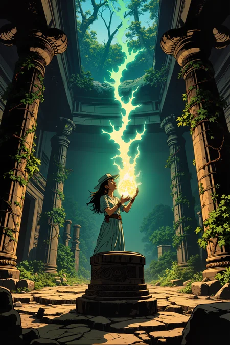 In the center of a crumbling, overgrown temple, a rogue archaeologist carefully extracts a glowing, crystalline artifact from its ancient pedestal. The surrounding statues, long eroded by time and nature, seem to watch her every move, their eyes glowing faintly with the same eerie light as the artifact. As she lifts the relic into the air, the walls of the temple begin to shift, ancient mechanisms groaning to life. Vines entwine with the crumbling stone, pulling it apart as the temple starts to collapse. Her breath quickens, but thereâs a glint of excitement in her eyesâthis is what she lives for. The scene is an adrenaline-fueled moment of discovery, blending the heart-pounding adventure of Indiana Jones with the mystical beauty of ancient ruins.<lora:RetroAnimeFluxV1:0.5><lora:NeonFantasyFLUX:0.3>