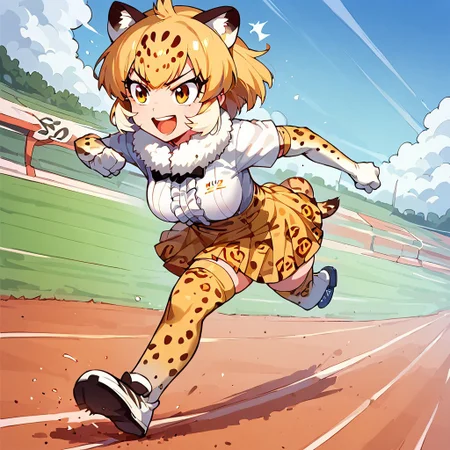 1girl, ((solo)) best quality, ultra-detailed, extremely detailed, perfect anatomy, masterpiece, score_9, score_8_up, score_7_up, jaguar (kemono friends), animal ears, jaguar ears, blonde hair, short hair, bangs, jaguar print, multicolored hair, tail, jaguar tail, white shirt, frills, skirt, high-waist skirt, print skirt, fur collar, center frills, gloves, elbow gloves, print gloves, short sleeves, black bowtie, thighhighs, animal print, print legwear, shoes, confident smile, confident look, eager, excited, outdoors, track and field background, (running_track:1.3), foot racing, dutch angle, standing, leaning forward, crouched forward, (about to pounce:1.3), full body, extended long shot, full-portrait shot, looking away from camera, side view, motion lines,