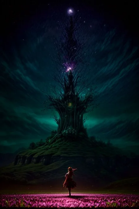 A glorified frog in a mesmerizing garden with a fantastic landscape. The flower petals are bright and festive, dancing and shimmering. Intricate details. Ultra sharpness. The concept of artistic fantasy. A fantastic fairy tale. A bizarre environment. From the frame of the movie xuer.