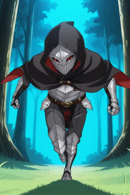 umbralknight, solo, simple background, 1boy, full body, red eyes, male focus, hood, cape, armor, black background, gauntlets, mask, cloak, hood up, hooded cloak, anime_coloring, anime_screencap,
BREAK
running
BREAK
outside, forest, night
BREAK
masterpiece,best quality,absurdres,very aesthetic,perspective, <lora:umbralknight_IL_Lora_v1:1> <lora:Lune_soft_style:1>