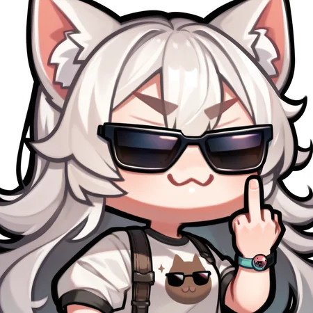 score_9, score_8_up, score_8, Emote , white long hair and gfluffy white cat ears , :3 , wearing sunglasses , middle finger , side view, 1girl , high quality, high res , highly detailed hair , highly detailed face, white background, chibi , <lora:merge2:1>
