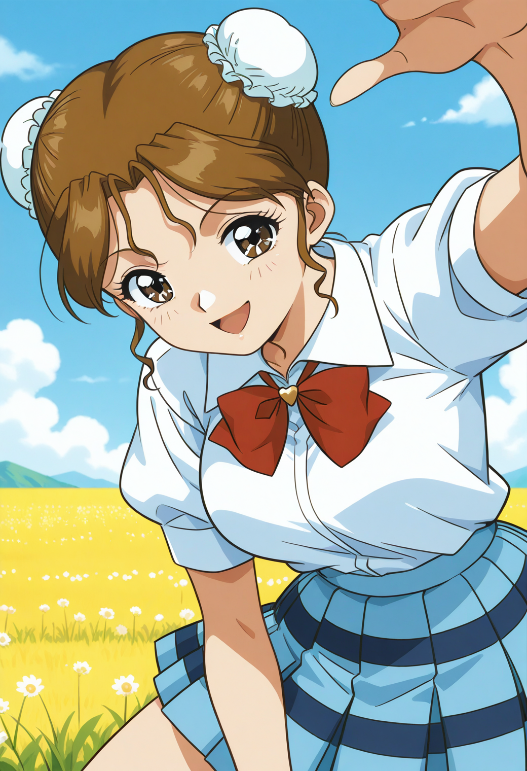 sr5_akira, retro artstyle, brown eyes, brown hair, bun cover, school uniform, red bowtie, white shirt, collared shirt, short sleeves, blue skirt, plaid skirt, <lora:SR5_akira_illustrious_ver1:0.8> 
smile,, masterpiece, best quality, sensitive,, 1girl, solo, (field:1.2), (blue sky:1.2), looking at viewer,, (cowboy shot, dynamic pose:1.4),