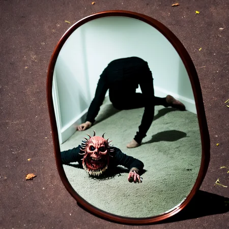 Faceless demon crawling out of a mirror