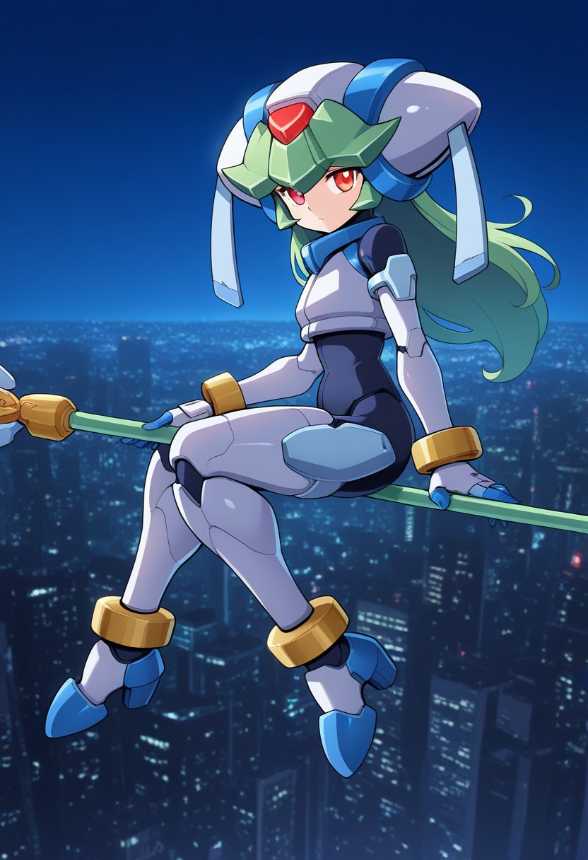 1girl, solo, pandorazxa, transformedform, android, green hair, long hair, red eyes, helmet, crop top, bodysuit, armor, armored gloves, armored boots, bracelet, anklet, holding staff, outdoors, night, cityscape, sitting on staff, flying, full body, from side, looking at viewer