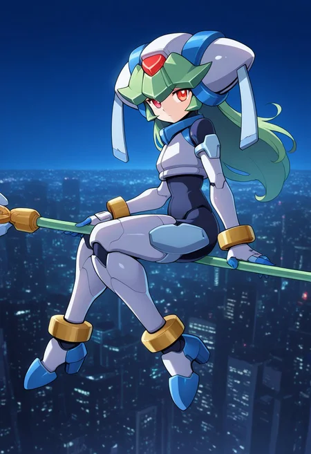 1girl, solo, pandorazxa, transformedform, android, green hair, long hair, red eyes, helmet, crop top, bodysuit, armor, armored gloves, armored boots, bracelet, anklet, holding staff, outdoors, night, cityscape, sitting on staff, flying, full body, from side, looking at viewer