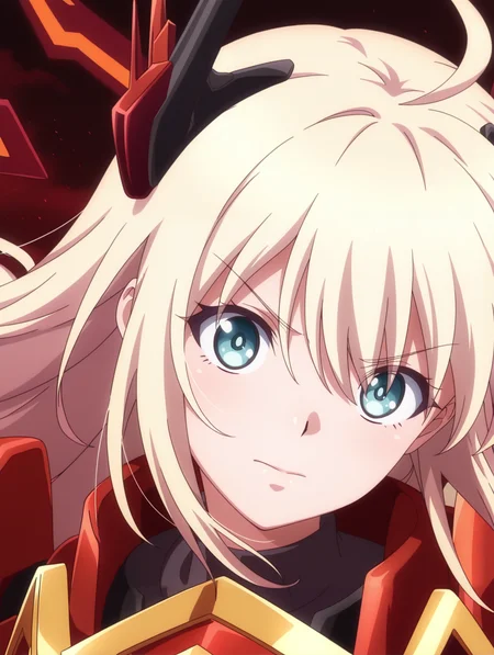 tv style, anime coloring, sky striker ace - raye, red power armor, mecha musume, official alternate costume, 1girl, solo, looking at viewer, floating hair, head tilt, v-shaped eyebrows, parody, close-up, closed mouth, upper body, black bodysuit, red headgear, red sword wings, red breastplate,
masterpiece,best quality,amazing quality,very aesthetic,absurdres,newest,<lora:Sky striker ace - kagari illusXL v1:0.7>,