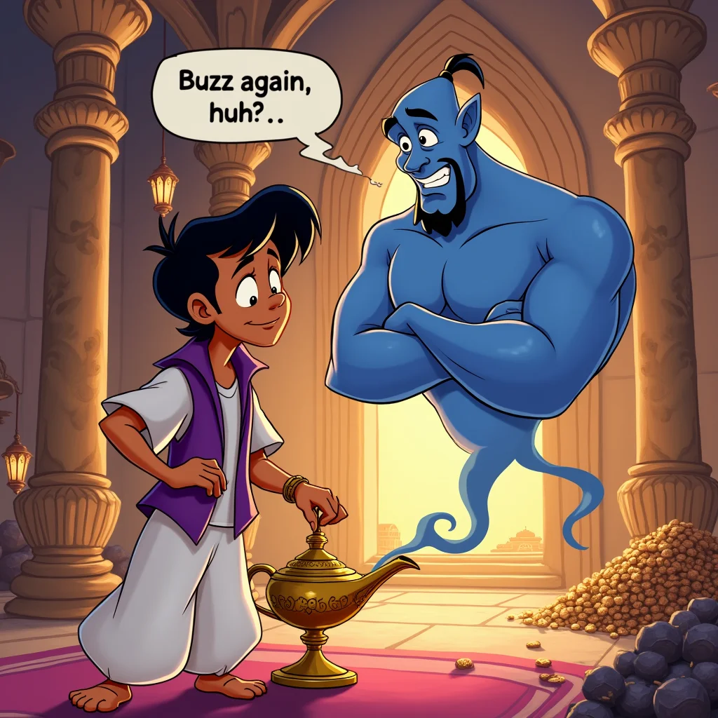 A vibrant cartoon scene in the style of Disney's Aladdin. Aladdin, a young man with a mischievous smile, dressed in a purple vest and white pants, is rubbing an ancient golden magic lamp with his hand. Aladdin is silent.
From the narrow part of the magic lamp, a swirling, continuous trail of smoke emerges, forming the body of the Genie — the large, blue, whimsical figure with a muscular upper body. The Genie's lower half is a flowing, smoky trail connected to the narrow part of the magic lamp. The Genie hovers mid-air, arms crossed, with a sad and thoughtful expression. a speech bubble around the Genie's head, reads: 'Buzz again, huh?'.
The background features an Arabian palace with warm tones, intricate patterns, and piles of treasures scattered around, creating a magical and adventurous atmosphere. The palace behind them is opulent, with towering golden arches, hanging lanterns that emit a soft glow, and intricate tile patterns decorating the walls.
The scene is rich in vibrant colors, exaggerated expressions, and the whimsical charm of classic Disney animation.
