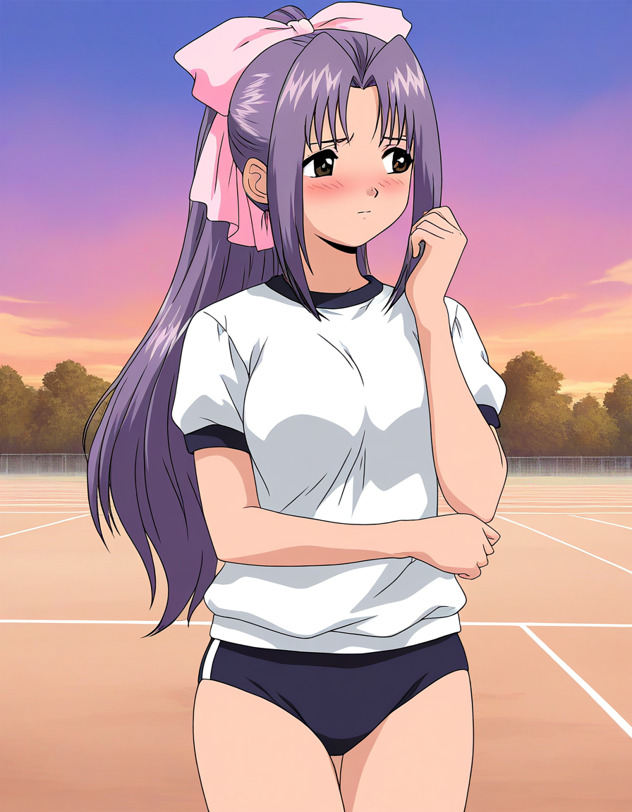 general,highres, game cg, ultra-detailed,very aesthetic,best quality ,best hands,  BREAK <lora:koigakubo_Momoko_IS:1>koigakubo_Momoko, solo, purple hair, long hair, hair bow, brown eyes, ponytail, pink bow, 
purple hair, long hair, hair bow, brown eyes, ponytail, pink bow, blush, solo, gym uniform,white shirt, dark blue buruma, breasts, sky, outdoor, 
anime coloring,