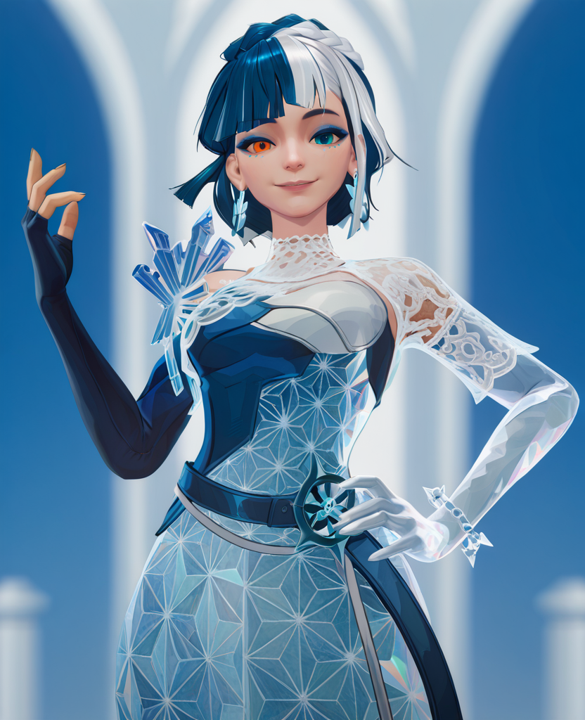 masterpiece, best quality, amazing quality, highres, absurdres, intricate detail, <lora:Luna_Snow_Shining_Star_ILLUS:0.8> , ls1, 1girl, short hair, multicolored hair, blue hair, white hair, dress, braid, belt, earrings, eyeshadow, facial mark, heterochromia, orange eyes, blue eyes, mismatched elbow gloves, single crystal glove, shoulder spikes, looking at viewer, smile, hand on hip,  dynamic pose,