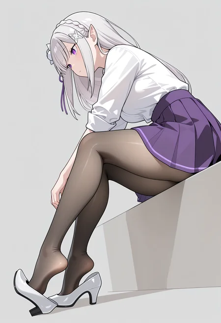 masterpiece, best quality, high resolution, source_anime, highly detailed illustration, detailed eyes,
very aesthetic, absurdres, newest, amazing quality,
1girl, solo,
<lora:shiEmiliaV12ill:1.0> shimilia, long hair, grey hair, purple eyes, pointy ears, crown braid, hair flower, hair ribbon, purple ribbon, x hair ornament, white shirt, pleated skirt, pantyhose, high heels, sitting,
<lora:shiShoePopV1ill:1>, shishoedangle, shoe dangle,