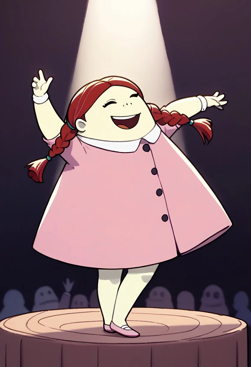 score_9, score_8_up, score_7_up BREAK helphu, 1girl, black eyes, red hair, pigtails, pale yellow skin, white-collared pink dress, pink shoes, dancing happily through buffet, dancing around buffet, buffet background, dance, dancing,