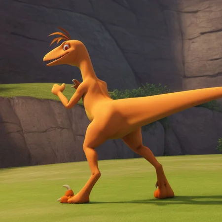 score_9, score_8_up, score_7_up, score_6_up, score_5_up, score_4_up, source_furry, dtmrconductorv2, semi-anthro, male, Troodon, orange skin, brown eyes, dinosaur, feather hair, standing, looking back, from behind, outside, on grass