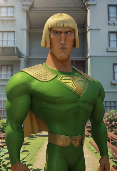 ((bedroom background)),score_9, score_8_up, score_7_up,score_6_up,
1boy, solo, mrjustice_HI, olive skin, blue eyes, golden hair, hairstyle bob cut, short hair, wide shoulders, broad chest, defined arms, lime green superhero suit, golden logo "J" on his chest, golden cape, golden belt, golden boots, expression serious, upset, big eyes, close-up, cowboy shot, perfect eyes, looking at the viewer, tall stature, raising a fist, detailed eyes, perfect eyes