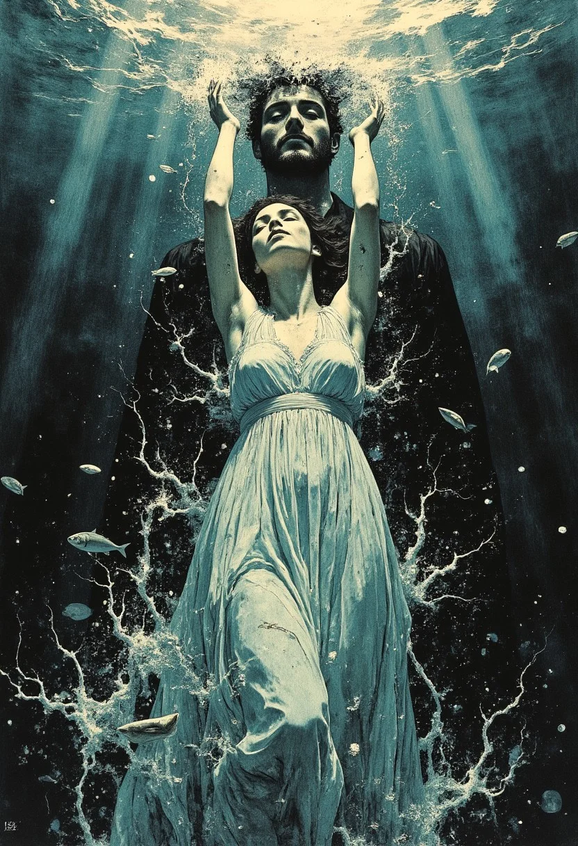 A dramatic image representing falling in love, depicted through the imagery of a drowning figure. At the center is a woman submerged in deep, turbulent water, her long, flowing gown entangled in swirling seaweed and debris. Her arms reach upward toward the faint surface, fingers just outstretched as if she’s grasping for air. Her hair, dark and wild, floats around her in a chaotic halo. Despite the struggle, her expression is eerily calm, with closed eyes and a soft, resigned smile, as though she’s accepted the pull of the tide. The background shows an ocean in turmoil, the water dark and heavy with waves crashing above, but beneath the surface, there is an eerie stillness. Sunlight filters weakly through the water, casting fragmented beams that illuminate her figure. Around her, fish and sea creatures drift by, unbothered by her descent. Farther into the background is a shadowy male figure, staring at the women with an unnaturally wide grin on his face. Blue-green and silver accents highlight the sense of being consumed by the deep, while faint bubbles rise from her lips, symbolizing the final surrender to the depths. conceptual, impressionistic