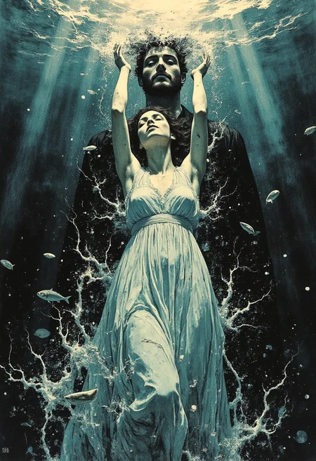 A dramatic image representing falling in love, depicted through the imagery of a drowning figure. At the center is a woman submerged in deep, turbulent water, her long, flowing gown entangled in swirling seaweed and debris. Her arms reach upward toward the faint surface, fingers just outstretched as if she’s grasping for air. Her hair, dark and wild, floats around her in a chaotic halo. Despite the struggle, her expression is eerily calm, with closed eyes and a soft, resigned smile, as though she’s accepted the pull of the tide. The background shows an ocean in turmoil, the water dark and heavy with waves crashing above, but beneath the surface, there is an eerie stillness. Sunlight filters weakly through the water, casting fragmented beams that illuminate her figure. Around her, fish and sea creatures drift by, unbothered by her descent. Farther into the background is a shadowy male figure, staring at the women with an unnaturally wide grin on his face. Blue-green and silver accents highlight the sense of being consumed by the deep, while faint bubbles rise from her lips, symbolizing the final surrender to the depths. conceptual, impressionistic