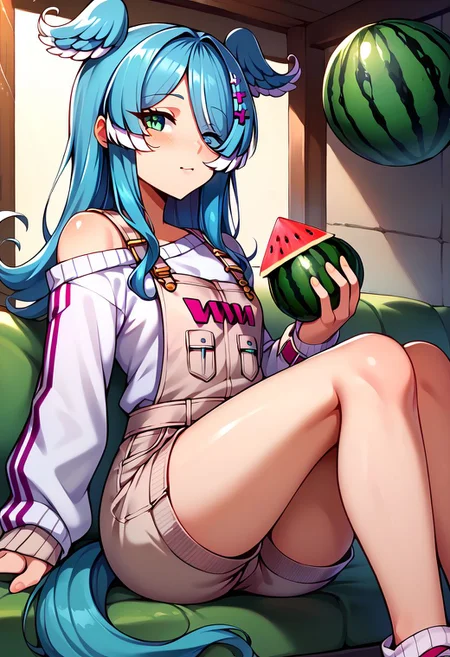 score_9, score_8_up, score_7_up, uncensored, source_anime, 1girl, <lora:speliraPendoraXLPony:1> elira1st, long sleeves, overalls, white sweater, off shoulder, single glove, one eye covered, overall shorts, melon, doily, food, fruit, melon