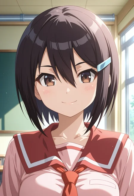 masterpiece, best quality, amazing quality, 1girl, solo, (portrait:1.2), mawariww, brown eyes, black hair, short hair, hair between eyes, hairclip, school uniform, pink serafuku, red sailor collar, pink shirt, looking at viewer, smile, indoors, day, skindentation, detailed clothing folds, depth of field, sharp, high contrast, dynamic light <lora:Zenigata_Mawari_Seto_no_Hanayome_ill_v20:0.9>