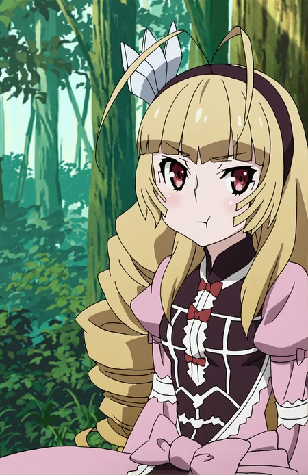 FredrikaHi, 1girl, long hair, blonde hair, drill hair, hairband, red eyes, long sleeves, dress, bow, standing, forest, day, sitting, looking at viewer, portrait, face focus, :t,