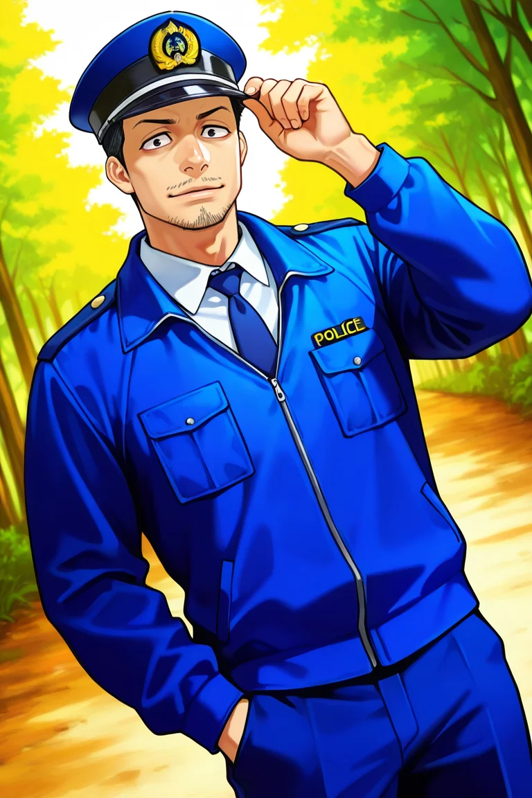 perfect anatomy, perfect proportions, best quality, masterpiece, high_resolution, high quality, best aesthetic, incredibly absurdres, highres, extremely detailed, huge filesize, mature, masculine, manly, virile, handsome, charming, alluring, bara, male focus, solo male, cowboy shot, dutch angle, source_manga \(Gannibal\), official style \(Gannibal\), Agawa Daigo \(Gannibal\), GNBAgawa, black hair, short hair, black eyes, facial hair, stubble, GNBAgawa_Outfit01, policeman, police uniform, Japanese police uniform, dark blue police peaked cap, white collared shirt, dark blue necktie, dark black jacket, dark blue pants, looking at viewer, adjusting headwear, looking at viewer, rural, pastoral, forest, creep, suspense, horror, manga, manga brushwork style, traditional drawing, (colored image, natural colour:1.5)