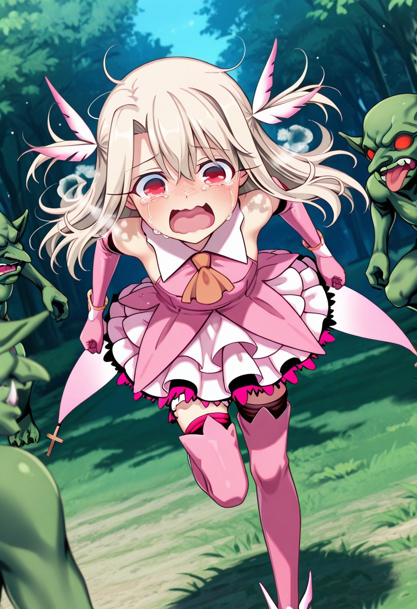 safe, 1girl, Illyasviel Von Einzbern \(Fate Grand Order\),white hair, red eyes, long hair,two side up, feather hair ornament, pink dress, elbow gloves, magical girl, pink thigh Boots, no pupils, thighhighs, crying Illyasviel \(meme\), crying, wavy mouth, panicking, screaming, tongue, breath, solo, dutch angle, running, chasing, fleeing,goblin horde, goblin behind, masterpiece, best quality, amazing quality, very aesthetic, absurdres, newest,
