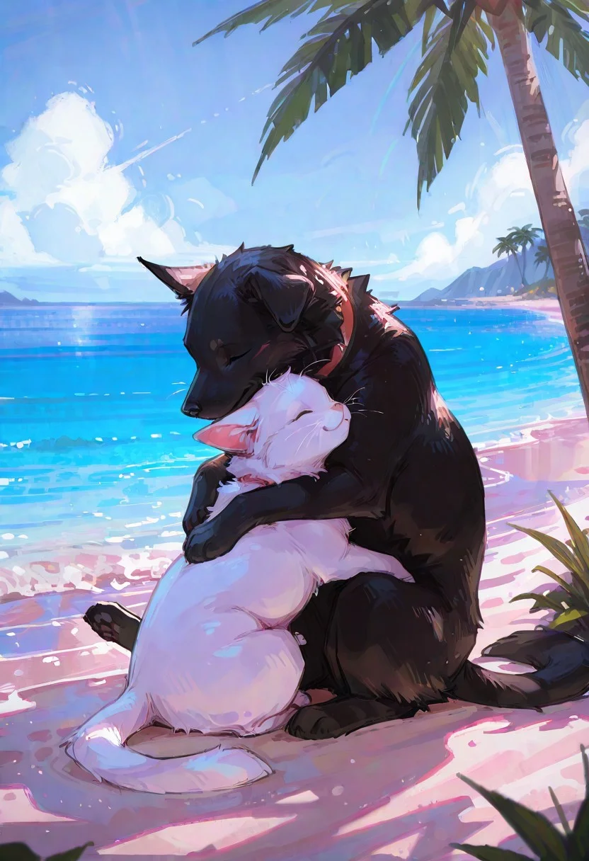 masterpiece, best quality, amazing quality, flat colors, high detailed, high quality, high resolution, 4k ,male, female, puppy, duo, feral, kitten, sitting, white fur, black fur, day, head on head, cute, hugs, happy, in beach, beautiful landscape, ocean, tropical tree, lauth