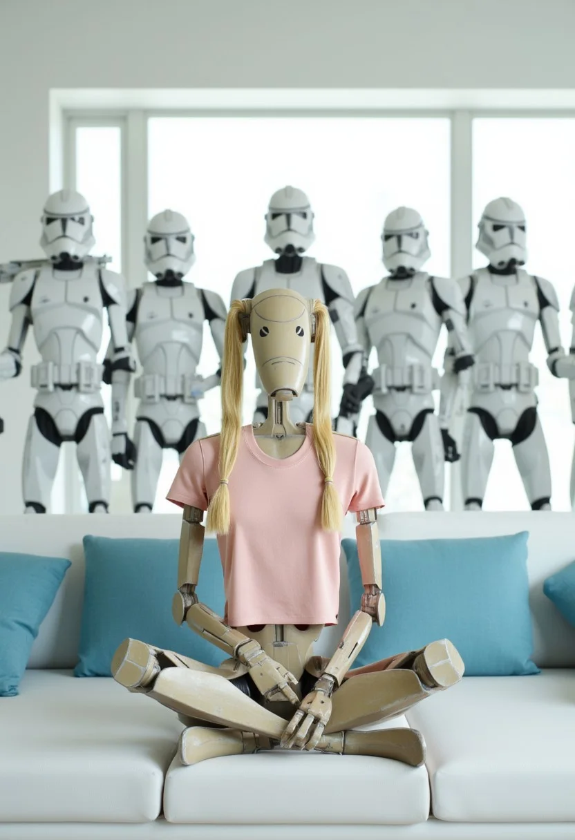 In a modern, brightly lit living room, a Star Wars battle droid sits cross-legged on a pristine white couch, styled with long blonde pigtails and wearing a light pink t-shirt. Its hands are hidden in its lap, adding a whimsical charm to its mechanical form.
Behind the couch, five Republic clone troopers stand in a semi-circle, fully armored with helmets on. Their white armor contrasts sharply with the playful droid, their stance disciplined but non-threatening. The clean, modern room features white furniture, light blue pillows, and sunlight streaming through large windows, blending the droid’s humor with the troopers’ imposing presence for a surreal and striking scene